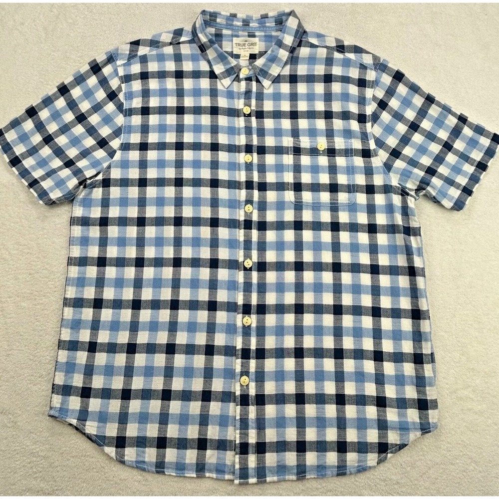 True Grit Shirt Men XL Blue‎ White Check Woven Button up Lightweight